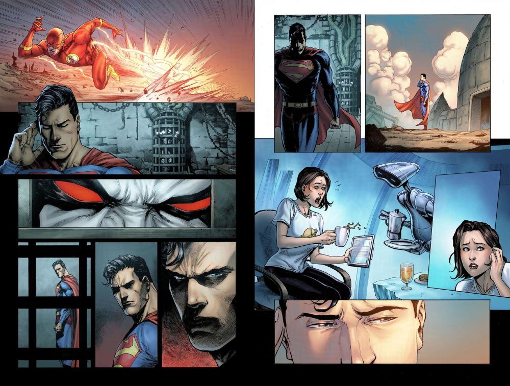 Pages from "Justice League: Last Ride" (DC Comics 2021). Pencils by Miguel Mendonça, script by Chip Zdarsky.