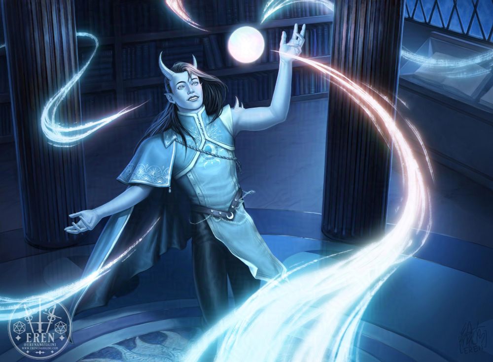 Illustration of a blue-skinned character with asymmetrical horns, reminiscent of a half moon. The character is casting a pearlescent, bright spell. They're in a room at night, standing on a decorated pedestal on the floor, in front of shelves full of books.