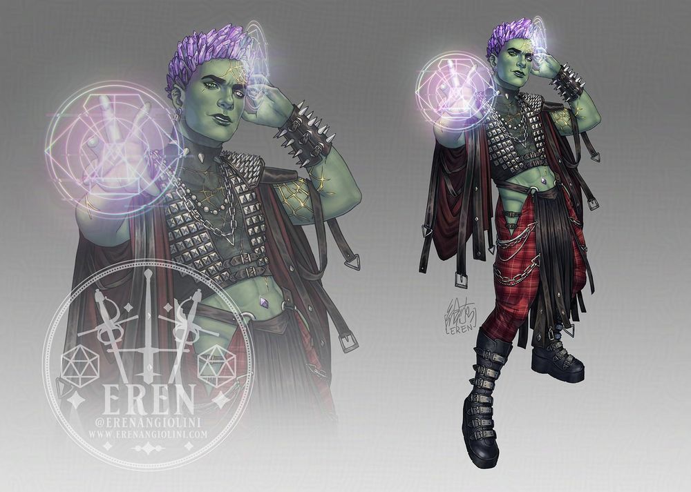 Redesign of Ashton from Critical Role's the Mighty Nein, as a Sorcerer.
They are wearing a cropped top made of studded leather, with a sheer panel on the centre of their chest, letting see some of their gold scars. Ashton's bellybutton had a purple gem in it, matching their hair. The sleeves are wide, made of dark red fabric and strips of black leather, with studded leather shoulder pads. They have black leather bracers on their forearms, studded with spikes, and a similar spiked chocker. Ashton's trousers are a tight, in a tartan pattern, with cutouts on the outside of the hips, and they wear a tabard of stripes of black leather like the ones on their sleeves. They wear platform black boots, with lots of metal straps.
Ashton is looking straight into the camera, one hand stretched towards the viewer, the other at their temple, and they are summoning some kind of magic, displayed in geometric patterns around both of their hands.