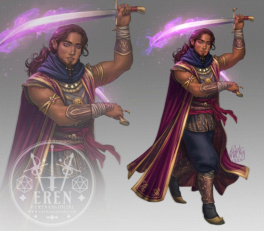 Re-design of GIlmore from Critical Role's Vox Machina campaign, as a Blood Hunter. He's wearing a layered outfit in tones of purple and magenta, with lots of draping and gold jewellery. He wields two scimitars with a magical purple sheen around them.