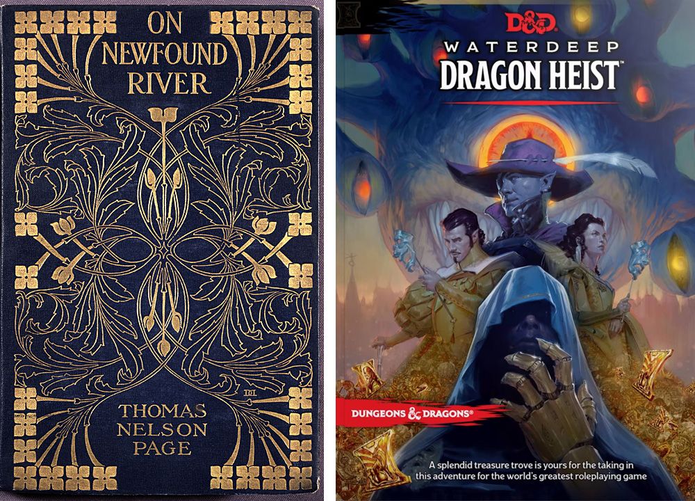 An image showing two book cover style options: an old book with a dark navy cover with gold foil (on the left) and the cover for D&D's "Waterdeep Dragon Heist" with a painterly illustration of the characters in the book (on the right).