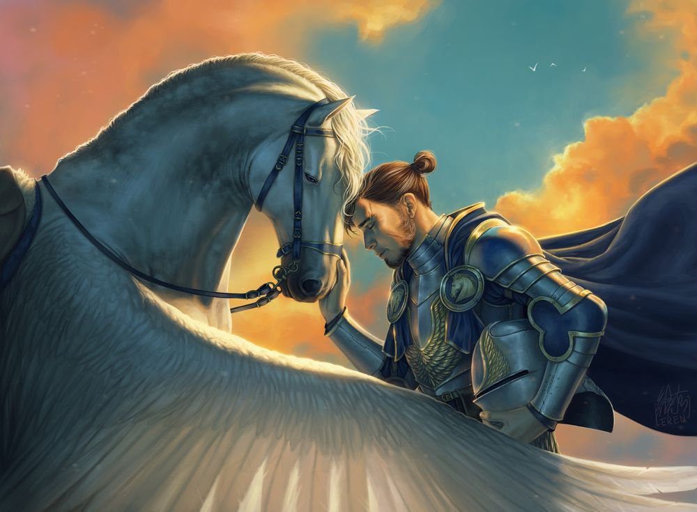 Illustration of a knight and his pegasus at sunset.