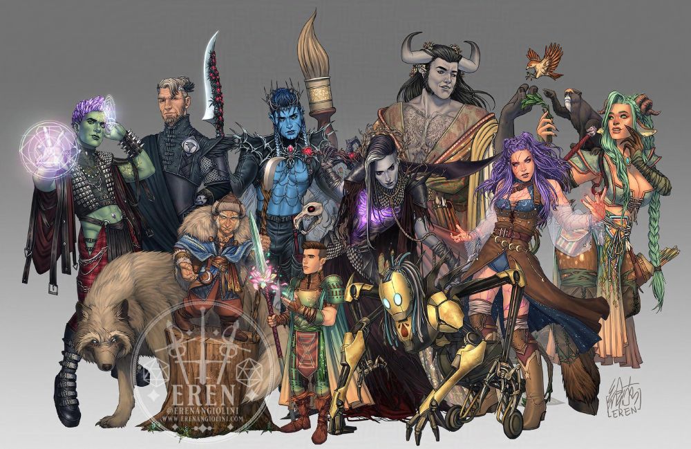 Illustration of the alternative versions of Critical Role's Bells Hells members, re-designed as different classes.