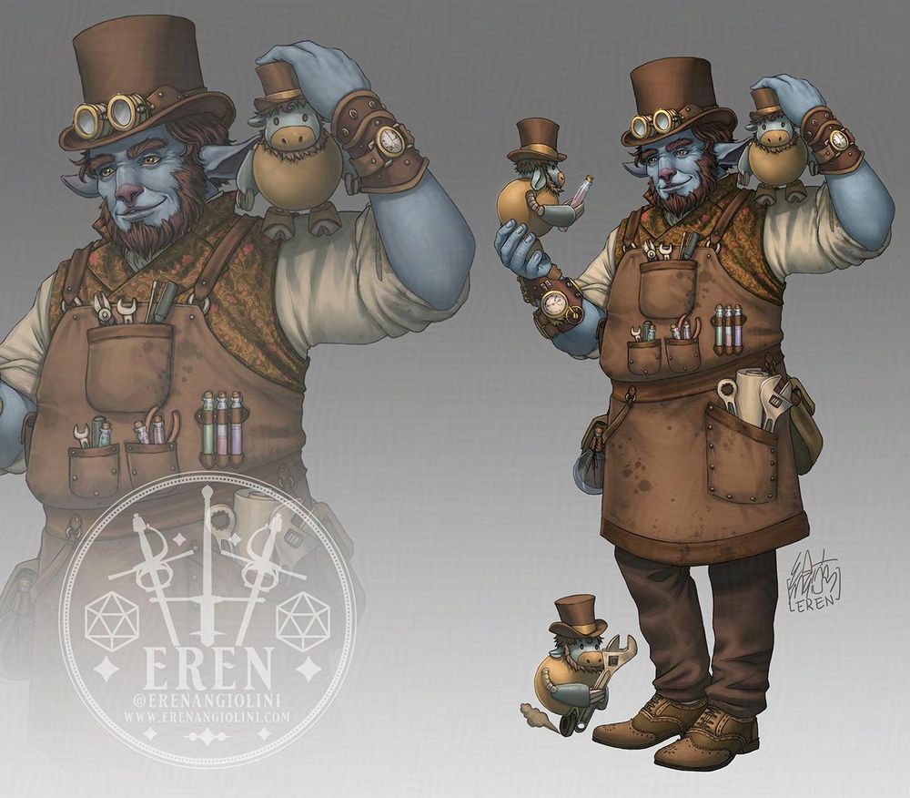 Redesign of Pumat Sol from Critical Role's the Mighty Nein campaign, as an Artificer.
He's wearing a top hat with a pair of goggles laying on the brim. He has a big leather apron full of pockets carrying tools, scrolls and vials. Pumat is wearing leather bracers with strange mechanisms on them. With him are 3 small automatons, round in shape and with a cute round head resembling him. They all wear little top hats too. One is sitting on his shoulder, one on a hand, and the third is running around on a single wheel at his feet, carrying tools.. 