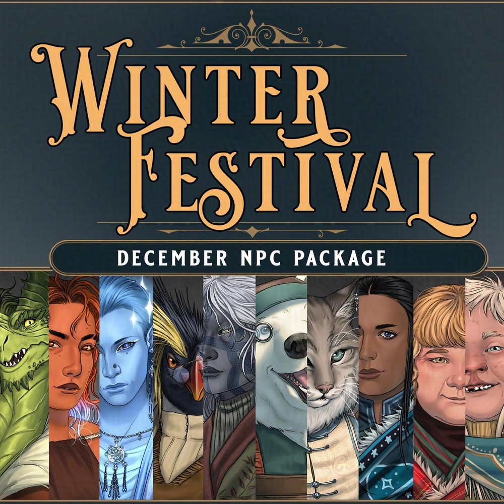 Preview of the "Winter Festival" TTRPG / D&D character portrait art package, with 10 different characters.