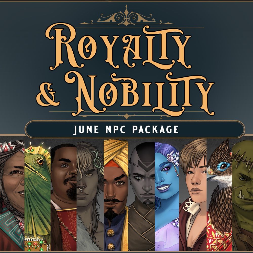 Cover of the "Royalty & Nobility" Character Art Pack, with the title and previews of each of the 10 characters included.