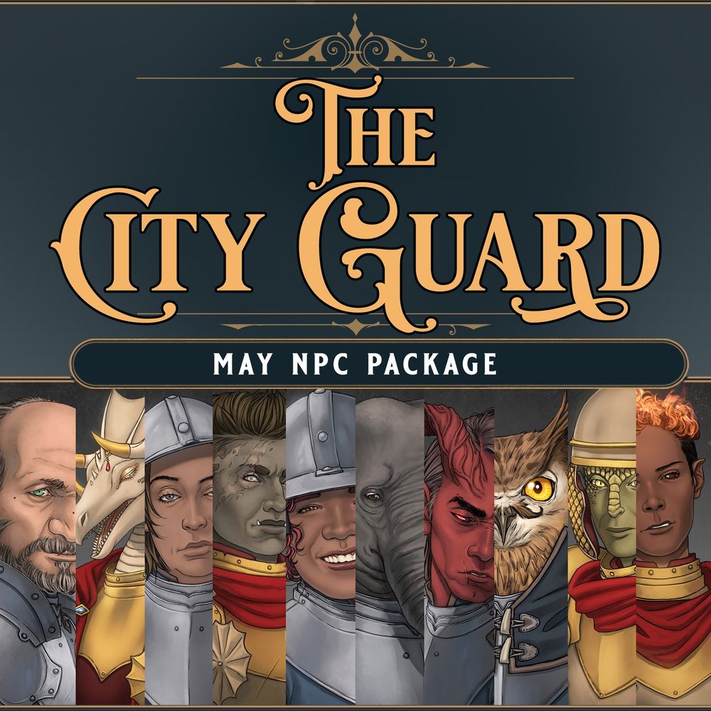 Preview of the City Guard art pack, with 10 fantasy character portraits for Dungeons & Dragons or other fantasy TTRPGs.
