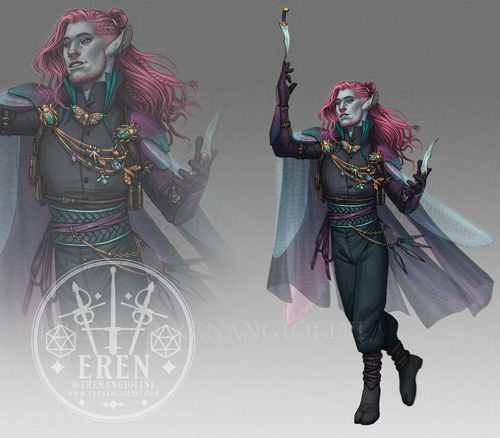 Redesign of Caduceus from Critical Role's the Mighty Nein, as a Rogue.
He wears a dark buttoned shirt and dark trousers, fitted in tabi boots.
He has some fabric belts around his waist, and a chain belt from which hang some throwing knives. He's juggling two daggers on the points of his fingers, one in each hand. He's wearing chitinous shoulder pads, in iridescent purples and teals. Attached to the pads, dangling over his chest, are a series of gold chains from which swing vibrant, insect-shaped pendants. A moth brooch decorates the collar of his shirt. From under the shoulder pads, various layers of flowing, gauzy fabric create a delicate mantle. One of the layers is shaped and textured like the wings of a dragonfly. He carries holster bags with vials on the side of his torso. He has a serene expression, and looks graceful and delicate. His hair is in a half up-do, and the loose part flows in the air. The visible side of his head is partially tightly braided back, and partially shaved.