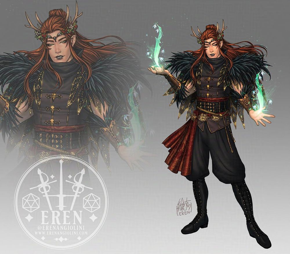 A long-haired, slender character stands proud. They have slightly pointed ears, wear some eye makeup and dark lipstick. Their expression is determined, but serene, looking straight at the camera. They wear a dainty circlet of flowers, including snowdrops, with a dark stone at the center of the forehead. From the side of the head, sprout antlers: it's unclear weather they are part of their anatomy or if they are an accessory, as their base is hidden in the flowing hair, which is partially gathered in a half up do, while the rest is flowing as if lifted by wind.
They wear big, black, feathery pauldrons, with a lacey capelet in the shape of leaves, adorned with shining gold details. They have a red sash around their waist, overlapped with various belts, one of which is shaped as a snake. They wear baggy trousers and knee-high laced boots. They wear a dark tunic, closed at the from with gold raven skull clasps. The character's arms are opened, palms up, summoning two daggers made of magic, of a teal-green colour, surrounded by snowdrops made of the same ethereal magic. 