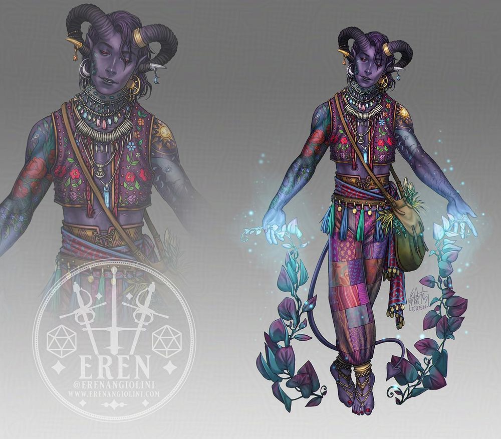 Redesign of Mollymauk from Critical Role's the Mighty Nein, as a Druid.
He's wearing patchwork baggy trousers, made of colourful fabrics with different patterns, many layered belts with tassels and other dangling decorations, and an open waistcoat, embroidered with flower and nature themes. He also wears a lot of jewellery, in silver, gold and stones, and has a bag full with herbs at his side, and he has his usual very colourful tattoos. Molly's arms are slightly open to the sides of his body, summoning purple and green vines sprouting from the ground and growing up towards his hands.