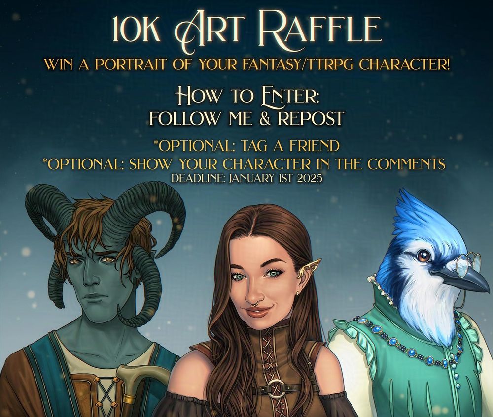 Art raffle post to win a custom portrait of a fantasy or TTPRG character.