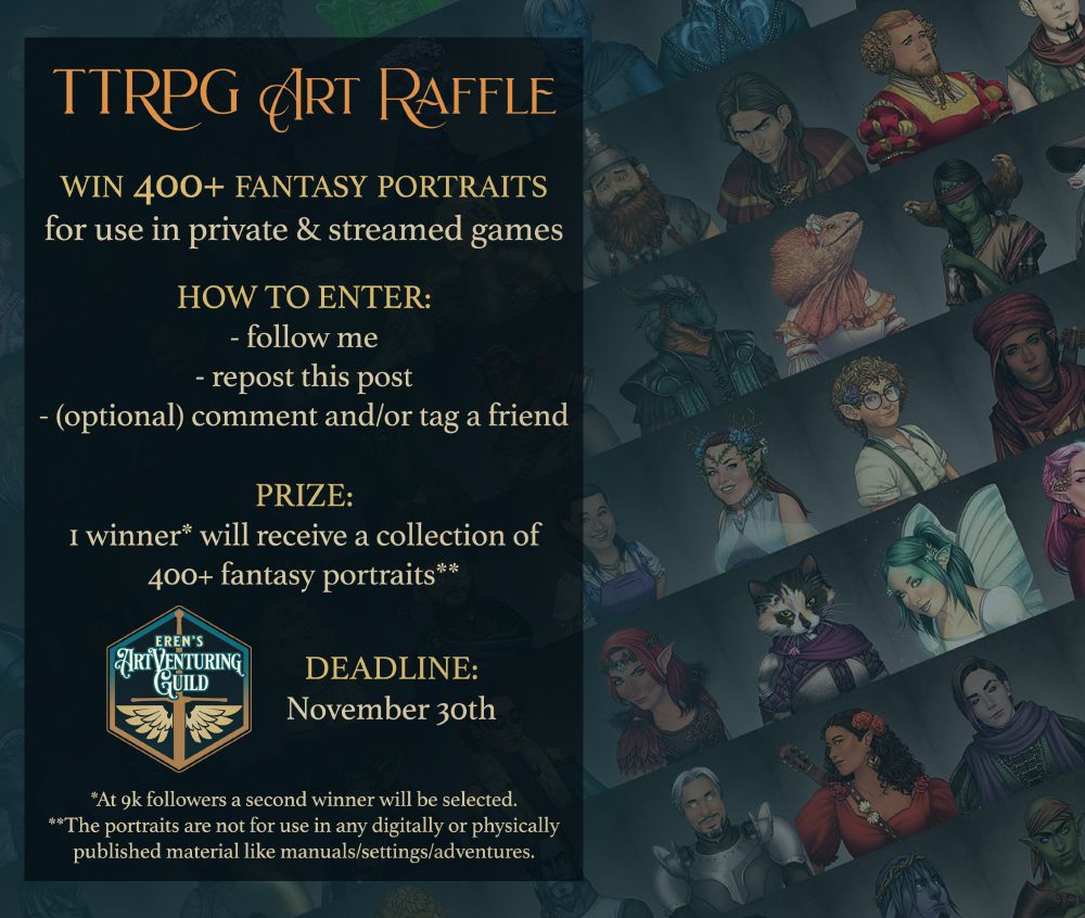 Art raffle post to win a collection of 400+ high quality, diverse, fantasy portraits for TTRPGs / Dungeons & Dragons