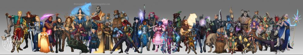 A very wide image lining up all the re-designs Eren did for their "What-If" Critical Role series. There are 38 characters, from all 3 main CR campaigns.