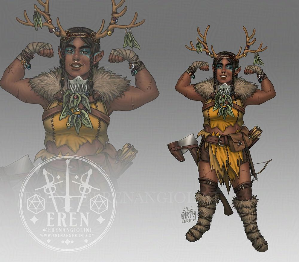 Redesign of Veth from Critical Role's the Mighty Nein, as a Barbarian.
She is standing proud, smiling, showing off her arm muscles. Around her eyes, she has intricate teal tattoos.
She's wearing roughly sewn yellow fabrics and leathers, and grey fur, with a utility belt at heir waist that holds an axe and a light crossbow. Veth's head is adorned with a headpiece with a set of antlers, decorated with buttons and goblin ears. The same decorations hang from a series of necklaces over her chest. And hanging right under her chin is a porcelain mask showing the lower part of a monstrous face with long sharp teeth.