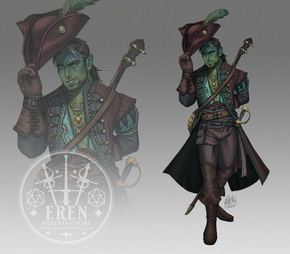 Redesign of Fjord from Critical Role's the Mighty Nein, as a Bard.
He's wearing a pirate-inspired outfit, smirking (showing his pointed half-orc canines) and tipping his hat at the viewer as in a greeting gesture. The hat is a tricorn, with a peacock feather and a Captain Tusktooth pin badge on the side. He wears a long coat kept unbottoned. Underneath he wears a silky shirt, which shows part of his chest, many overlapping belts, tight striped trousers and knee high leather boots. Fjord is wearing many gold necklaces dangling on his chest, one of which is shaped like a snake eye. The snake monster theme is found in the pattern on the collar of his silky shirt too, and the handle of the scimitar he carries is also shaped like a snake-like sea monster. He carries a banjo on his back.