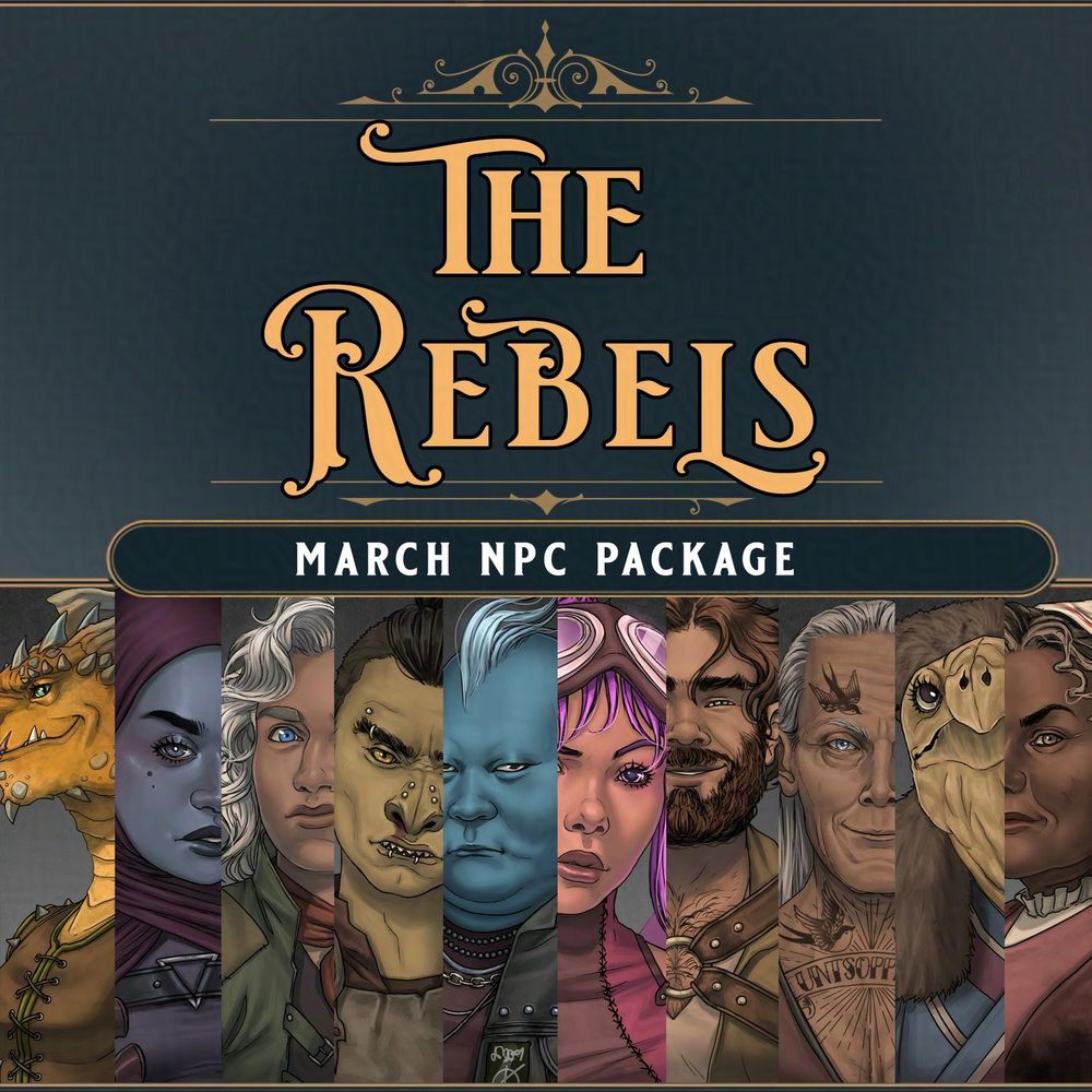 Preview of the Rebels art pack, with 10 fantasy character portraits.