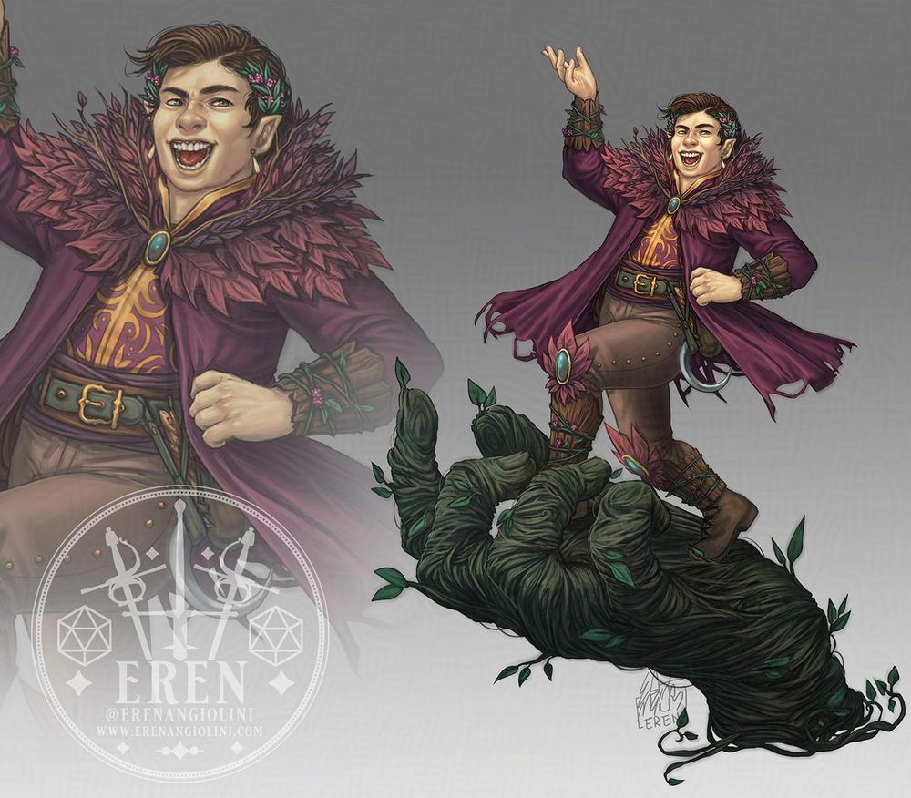 Re-design of Scanlan from Critical Role's Vox Machina campaign, as a Druid. He's wearing purple/magenta clothing, decorated with leaves and flowers, and he's being carried by a huge hand made of vines.