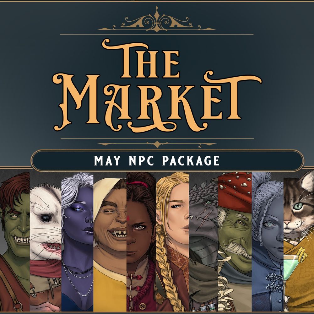 Banner showcasing the 10 portraits in this month's NPC package on the ArtVenturing Guild Patreon. The theme is "The Market".