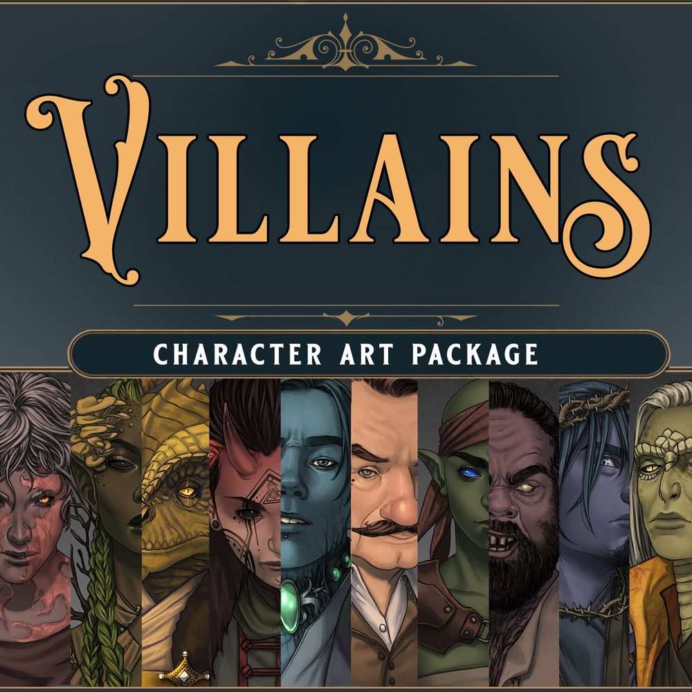 Banner of the "Villains" TTRPG Character Art Package.