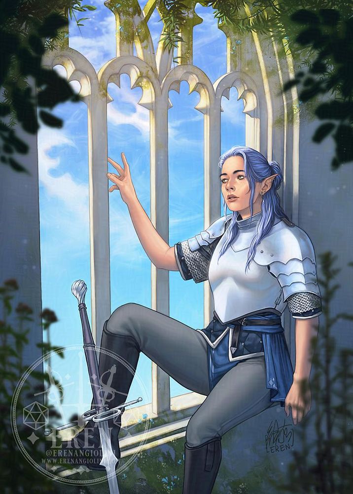 Illustration of a femme presenting elf, with lilac hair, wearing shining silver armour, a big longsword by her side. She's sitting on a decorated ached window looking out.