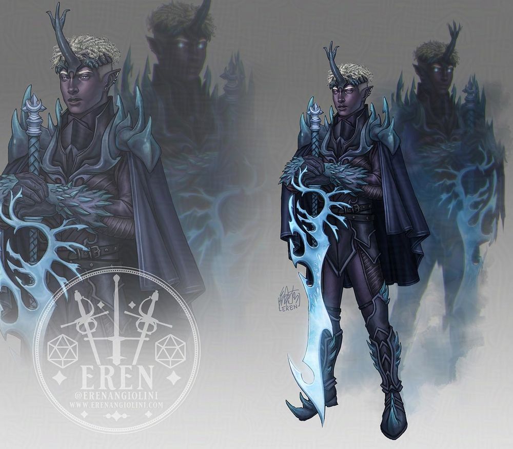 Redesign of Essek from Critical Role's the Mighty Nein, as a Echo Knight.
Essek has short coily curls and appears very stoic and serious. He is wearing dark leathers and chitinous armour, reminiscent of the carapace and horns of some beetle species. He has a dark blue capelet and wields a huge intricately shaped broadsword of a light crystalline material.