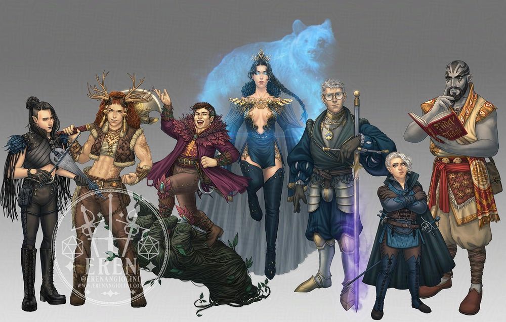 Re-design of Critical Role's Vox Machina party as different classes.
Vax as an edgy emo-rock bard, Keyleth as a muscular barbarian, Scanlan as a druid riding a "big vine hand", Vex as a sorceress in fancy clothes summoning a bear spirit, Percy as a Paladin with a huge longsword surrounded in purple smoke, Pike as a rapier-wielding rogue, and Grog as a wizard (reading a book titles "Bidet & Magic").