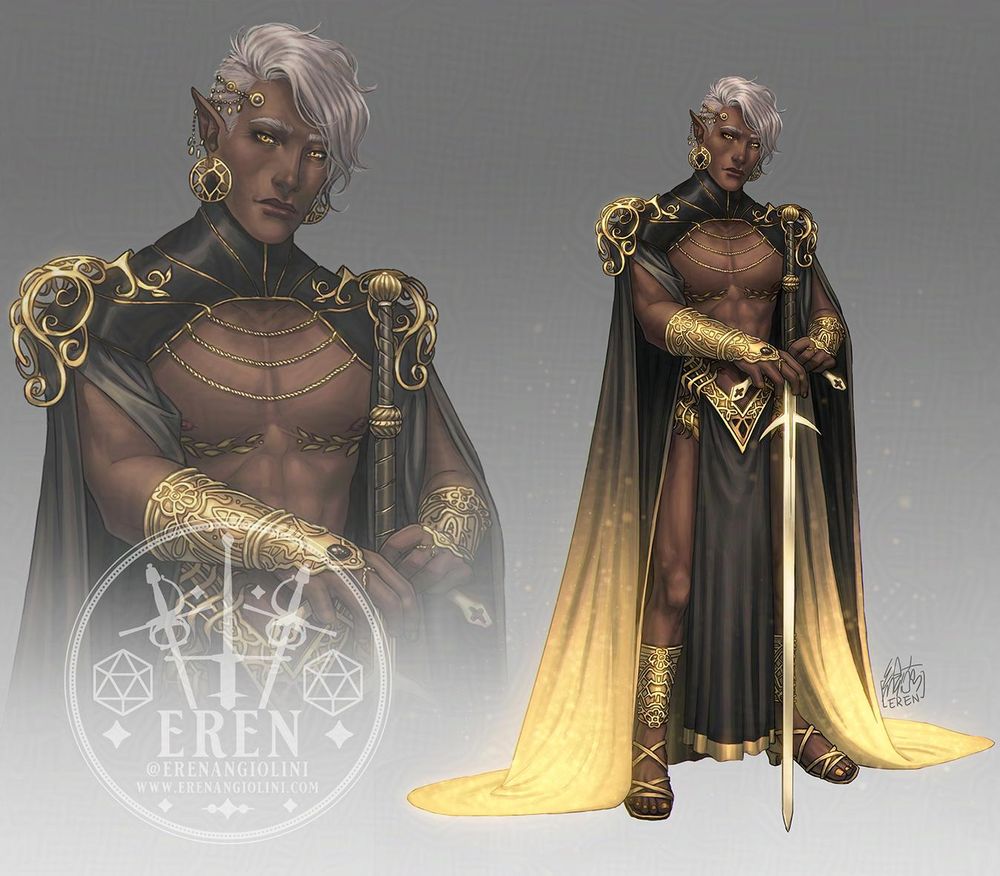 Redesign of Yussa Errenis from Critical Role's the Mighty Nein campaign, as an Barbarian.
He is wearing a quite revealing outfit in black and golds. His chest is bare, showing top surgery scars decorated with gold leaf detailing. He has intricate, decorative gold pauldrons, bracers and similarly intricate gold belt at his waist, from which hangs a tabard, split on each side, to show strong legs. He wears a long cape, of shining gold and black fabric. He's wearing gold sandals and has his hands crossed on the hilt of an elegant longsword.