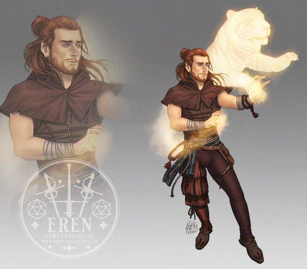 Redesign of Caleb from Critical Role's the Mighty Nein, as a Monk.
His clothing is inspired to western medieval clothing.
He's dressed in simple fabrics and leathers, with a small capelet just covering his shoulders. His arms are bare and forearms wrapped in bandages. He has wooden monk prayer beads around his left arm and hanging from his rope belt. His hair is in a half up do, his beard is grown but tidy. He is in a martial arts stance, and from his hands is summoning a magical golden tiger (frumpkin), wrapping around his shoulders and ready to pounce at his enemies.