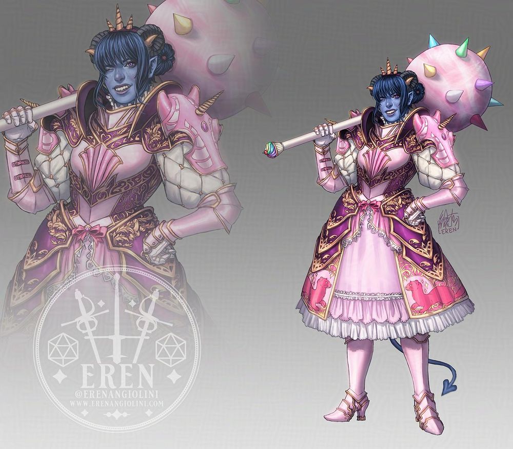 Redesign of Jester from Critical Role's the Mighty Nein, as a Fighter.

She's wearing pink full plate armour, with a lolita-inspired outfit. She has puffy sleeves under unicorn-head shaped pauldrons, and her skirt is decorated with all kinds of lace and has a pink weasel design on it. She is standing confident, smiling at the viewer, with a massive jawbreaker-shaped mace leaning on her shoulder. The pommel of the weapon is shaped like a rainbow cupcake.
Borderline NSFW secret details: the design is filled with hidden penis details. There's 50+ more of them in the entire piece!