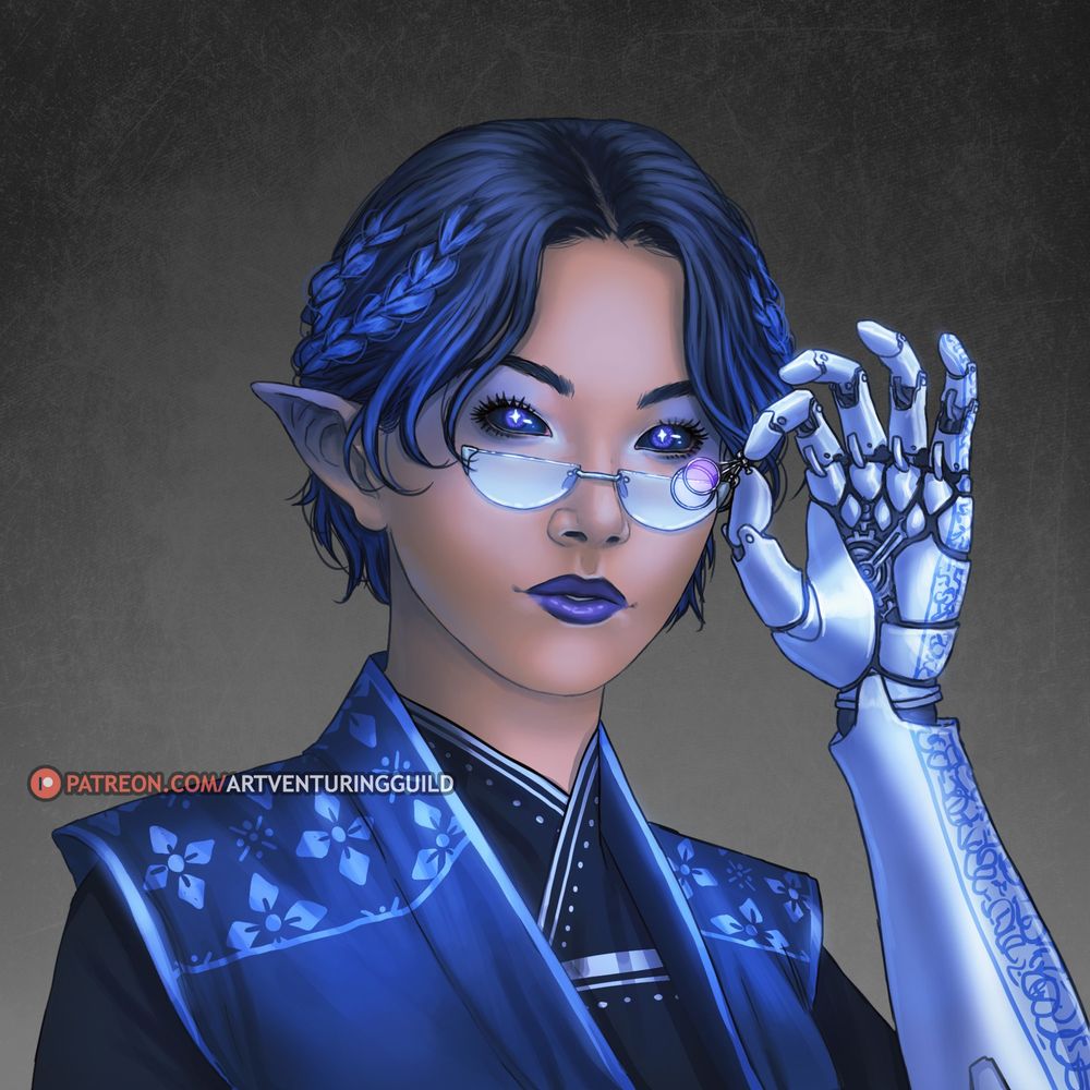 Astral elf, femme presenting character with asian features, intense starry eyes, blue eye make up and lipstick and blue hair. They wear half moon glasses with extra lenses to one side, which they hold up with a ceramic prosthetic arm (white with blue decorations).