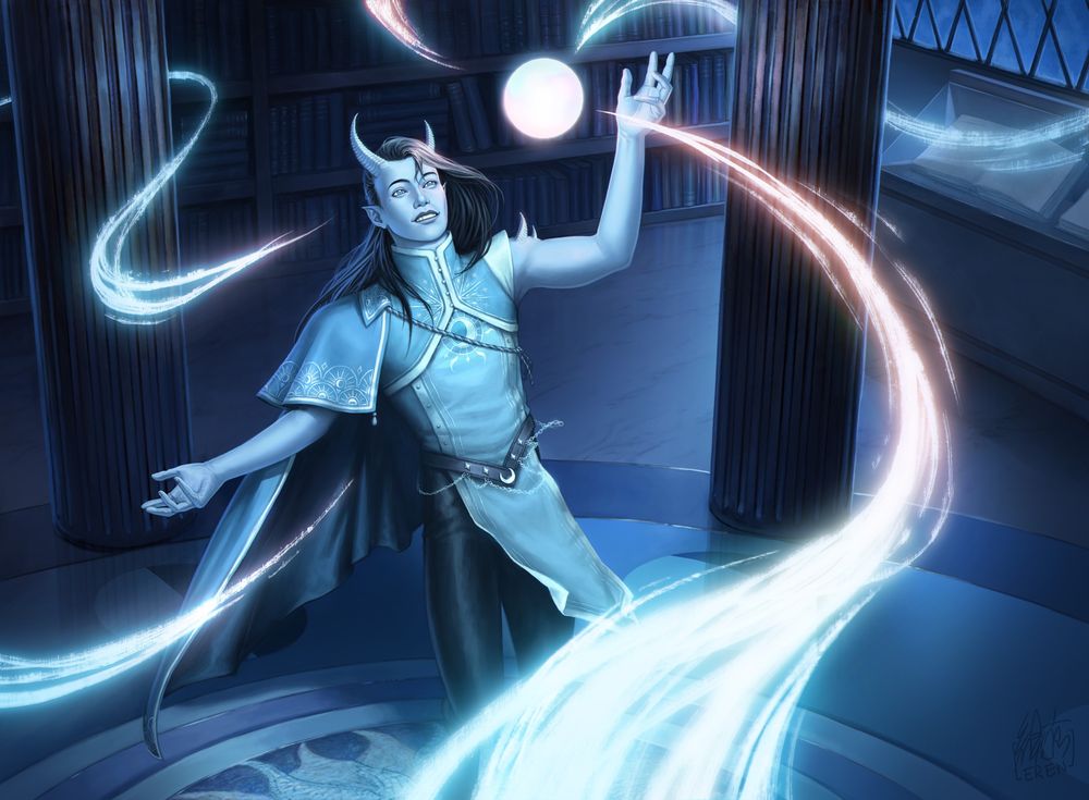 Illustration of a blue-skinned horned character mid-spell, in a room with pillars and bookshelves, at night.