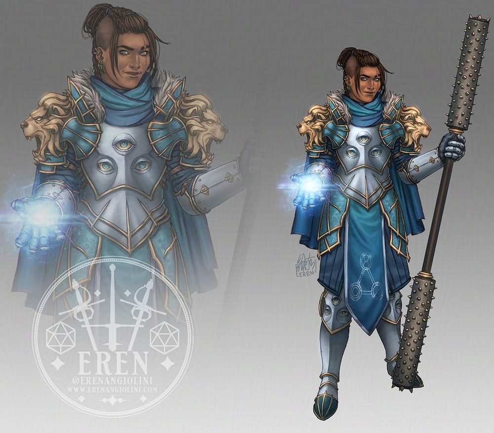 Redesign of Beau from Critical Role's the Mighty Nein, as a Cleric.
She is wearing full plate silver armour with gold and teal detailing. On the breastplate there are 3 eyes, symbol of Ioun (also repeated on her kneepads), while the symbol of the Cobalt Soul is displayed on the fabric that hangs by her waist. On her shoulders are two golden lion-head-shaped pauldrons. She wields a mace with two spiked cylindrical heads in one hand, while the other hand summons a blue magic.
She has a smirk on her face, looking straight into the camera. Her hair is mostly gathered in a rough up do in the back, and the sides of her head are shaved.