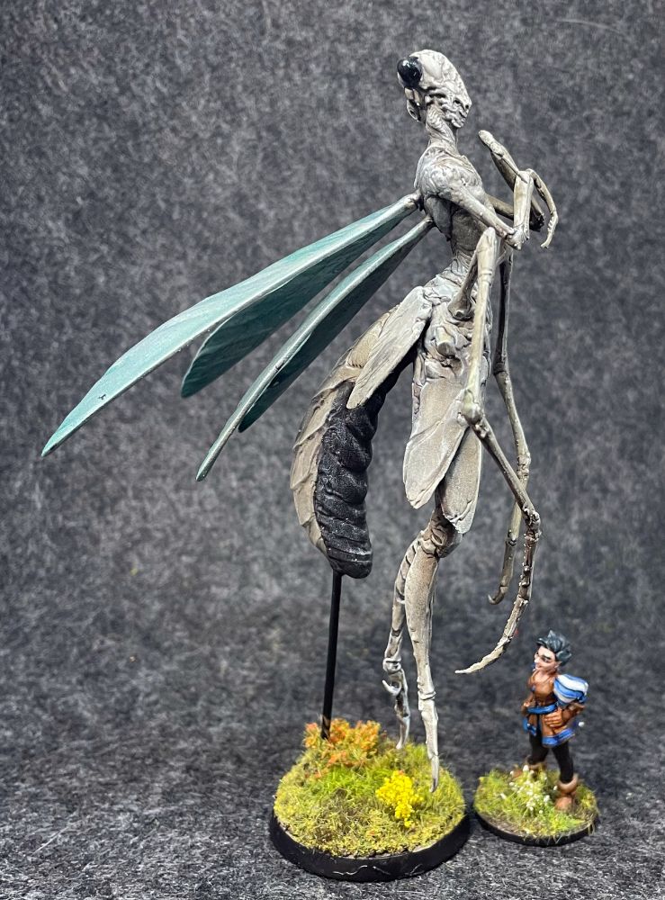 A large praying mantis miniature, next to a 32mm scale mini of a human.  She's at least 4 times taller than the human 😅
The human seems oddly unconcerned about this ..