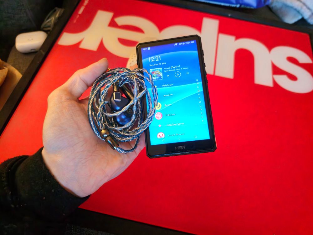 hires dedicated audio player with top of the line audio componentry and planar magnetic driver IEMs (Hiby R5ii and the Shouer S12 Pros, respectively)