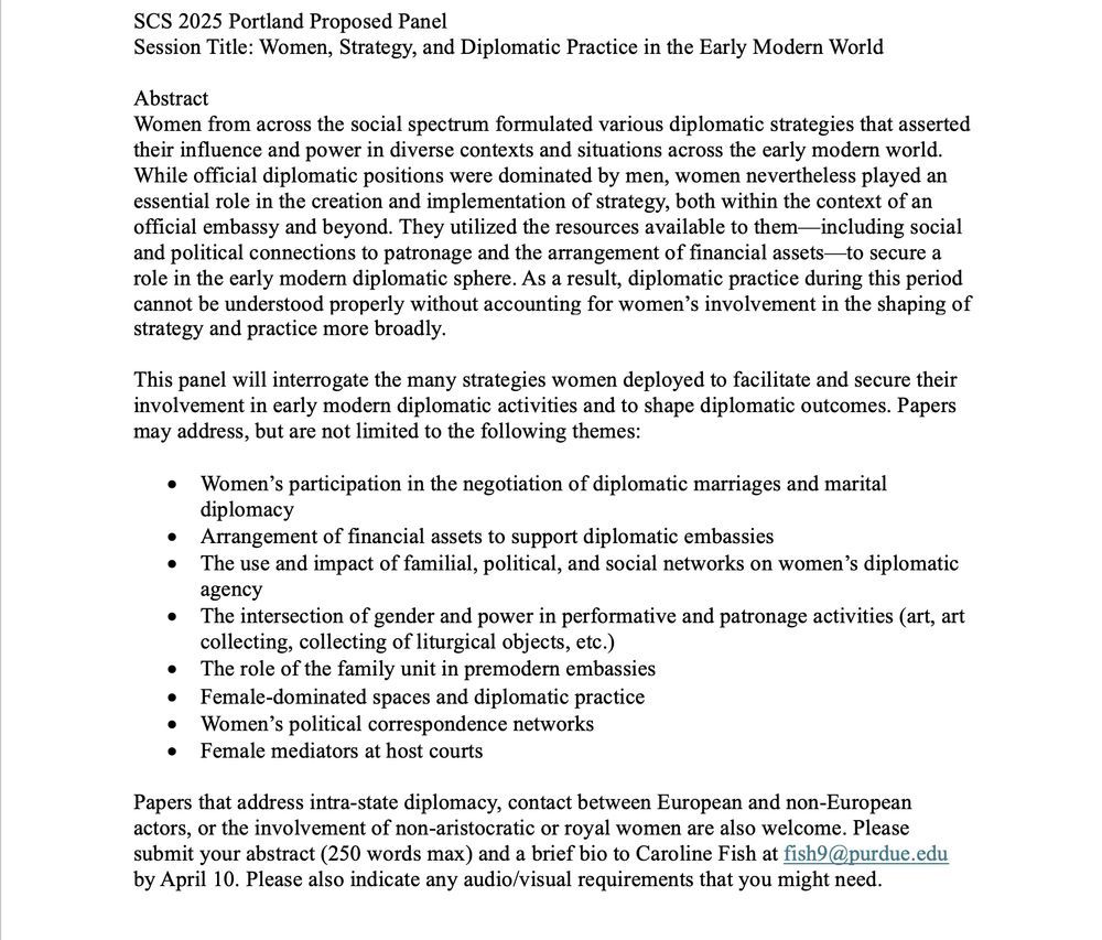 Call for Papers: History panel on women, strategy, and diplomatic practice in the early modern world for the Sixteenth Century Society's 2025 Conference in Portland.