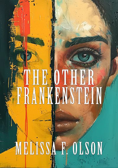 Portrait peint d'un visage dee femme de face blanche aux yeux bleus et aux cheveux sombres. Le visage est séparé en deux pour deux techniques de peintures différentes.
Couverture de The Other Frankenstein de Melissa F. Olson chez NewCon press