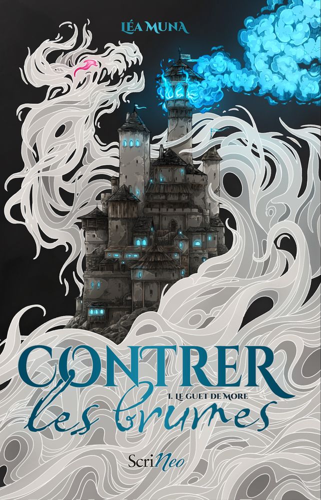 Couverture en noir blanc, bleu vif montrant un chateau entourée d'un dragon de brumes.
Couverture de Contrer les brumes de Léa Muna.
