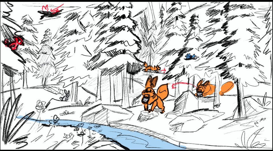 Wide shot of forest critters and Rueben