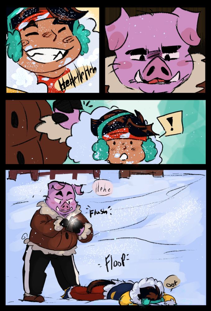 Mk gleeful, but Pigsy annoyed. Pigsy drops Mk and now he gets to eat all the snow, while Pigsy sends a photo to Tang of Mk dying.