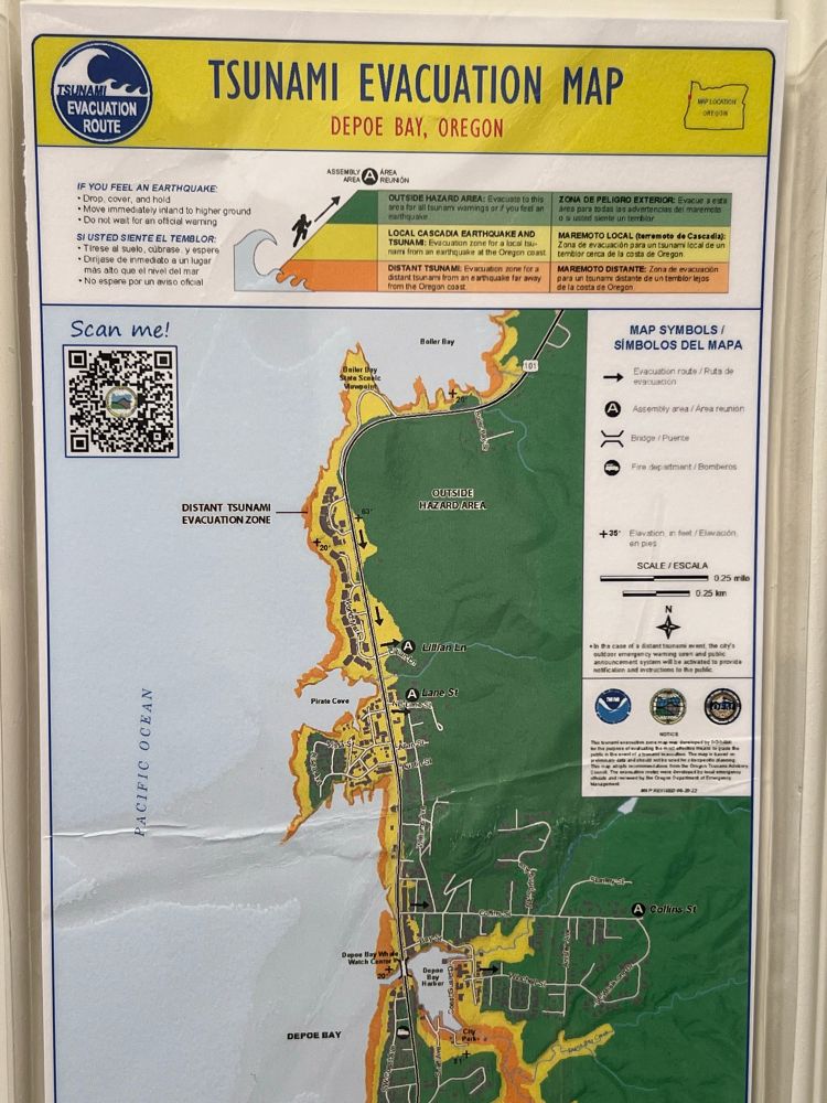 Evacuation map for earthquakes and tsunamis one the Oregon coast