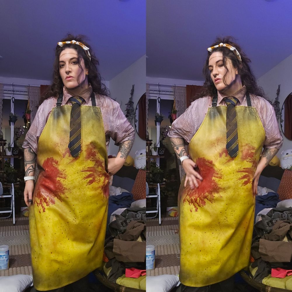 Bevv dressed as leatherface from the Texas chainsaw massacre for halloween.