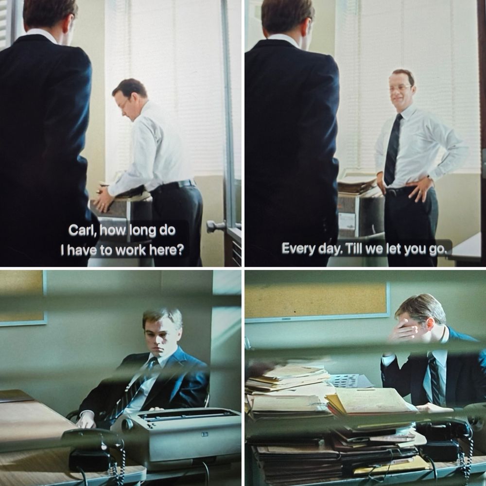 Four frames of man being upset that he had to work a desk job