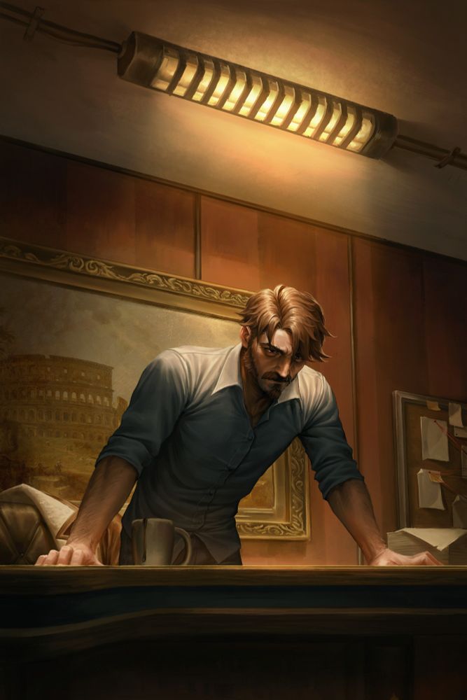 Senhor Veríssimo de Ordem Paranormal olhando preocupado para uma mesa em seu escritório 