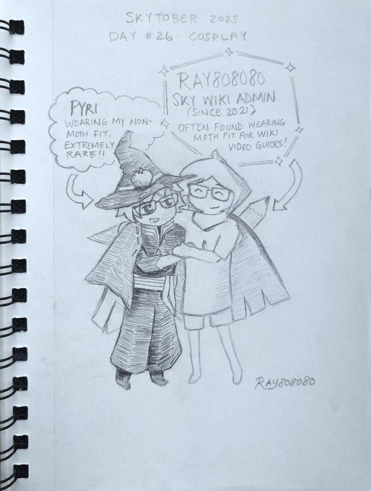 Skytober 2025 Day #26: Cosplay. Pencil sketch of Pyri and Ray808080 cosplaying as each other and doing a sidehug. Signed Ray808080.