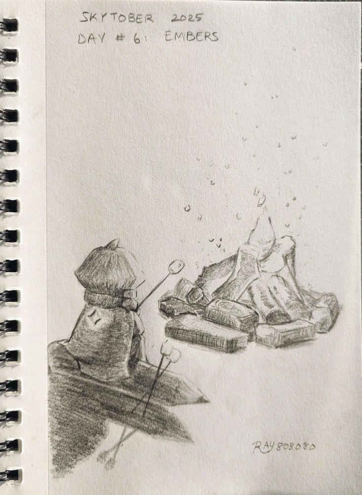 Skytober 2025 Day #5: Embers. Pencil sketch of Pyri roasting a marshmallow while sitting on their pencil. The campfire crackles before them. Signed Ray808080.