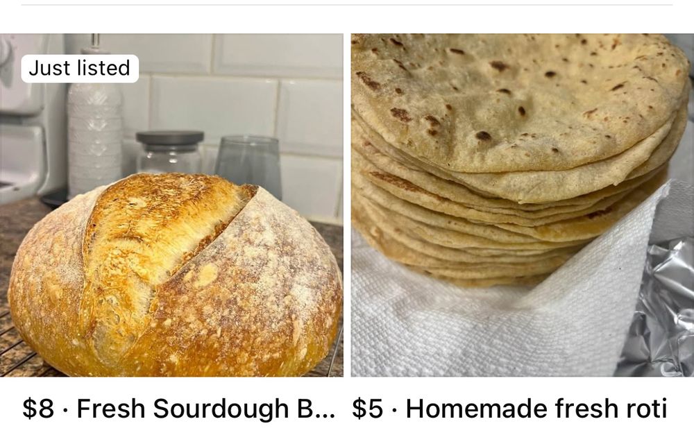 Facebook Marketplace listing for fresh sourdough bread ($8) and homemade fresh roti ($5)
