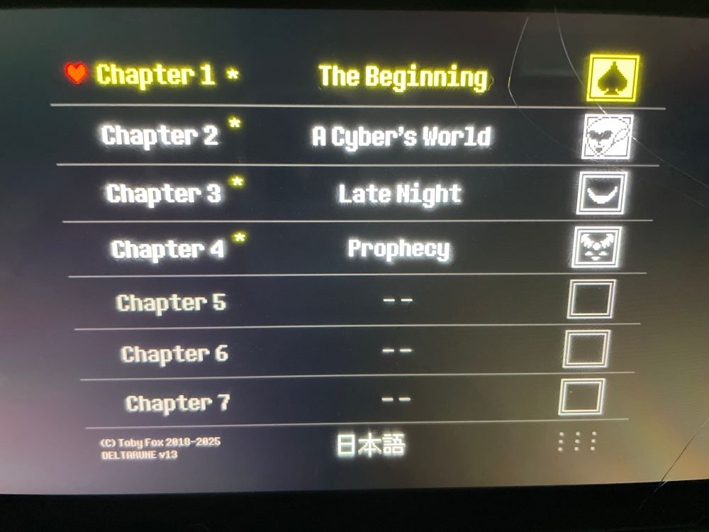 The chapter select screen of Deltarune. Each of the current chapters has a star next to the chapter number