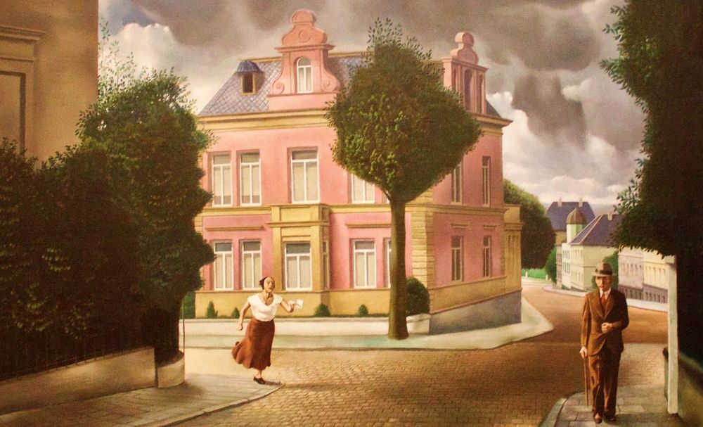 [Carel Willink, Bad Tidings, 1932 Stedelijk Museum Amsterdam] Tempera on linen. A man in suit and hat in right foreground, walking away; a woman in white blouse and brown skirt, running up the street to reach him. Stately pink mansion and tree-lined street form the picture, ominous dark clouds overhead.