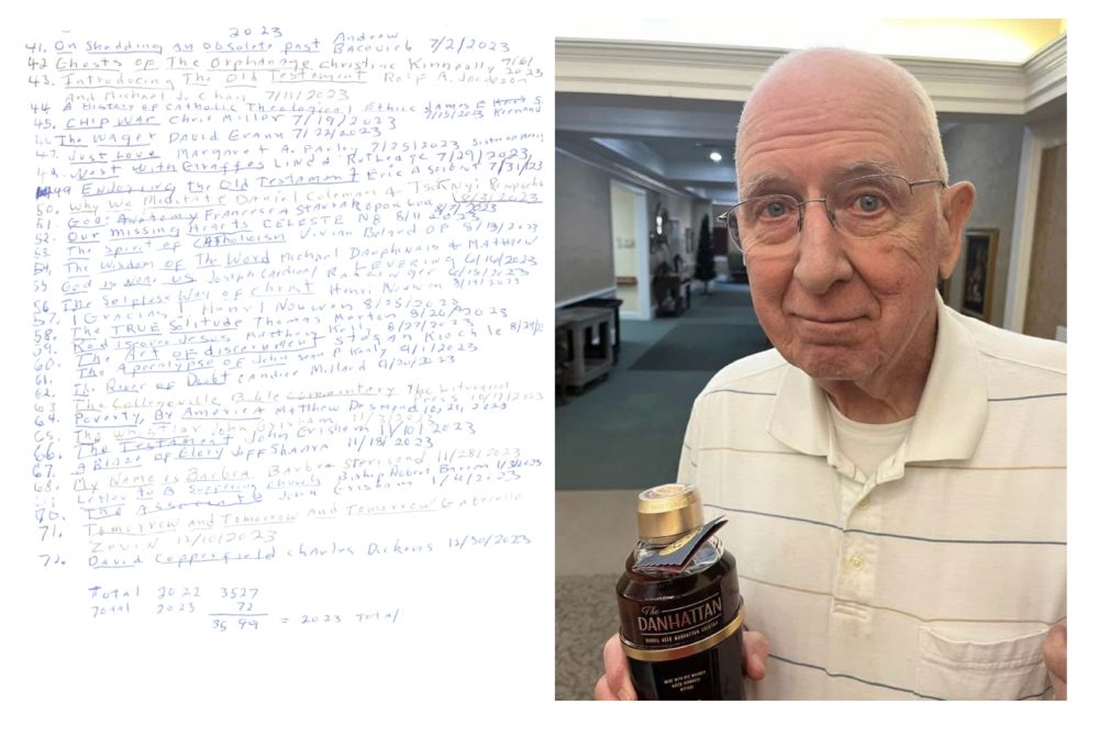 Final page of Dan Pelzer's book list from 2025. Photo of Dan (man in glasses, polo shirt, and holding a bottle of "Danhattan"
