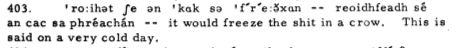 Téacs ó The Irish of Achill - reoidhfeadh sé an cac sa phréachán ... said on a very cold day